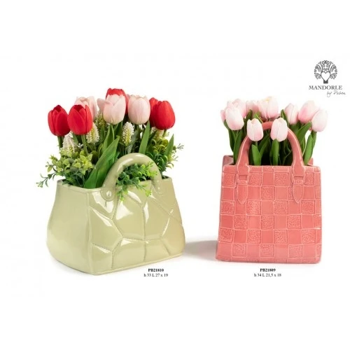 VASO DI TULIPANI A FORMA DI BORSETTA ROSA 34 CM. CERAMICA
