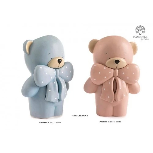 VASO ORSETTO CON FIOCCO CELESTE 27.7 CM. PORCELLANA