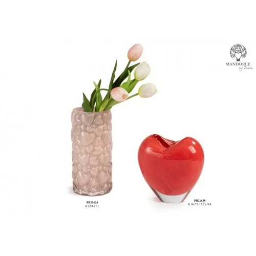 VASO ROSA CON CUORI IN RILIEVO 22.4 CM. VETRO