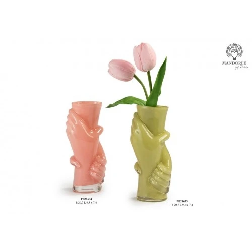 VASO ROSA CON MANI IN RILIEVO 20.7 CM. VETRO