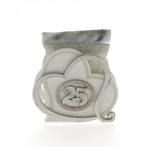 PORTACONFETI A FORMA DI CUORE CON SACCHETTO INTERNO PER 25° ANNIVERSARIO