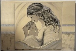 Madonna con bambino olio su tela e glitter argento