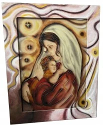 Madonna con bambino lavorazione vetro scavato e decorato con cornice in tinta