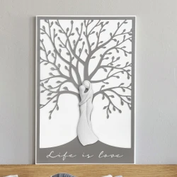 Quadro moderno piccolo in legno con albero della vita e abbraccio di innamorati